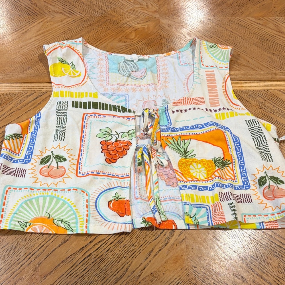 Sweet Hearts Los Angeles XL Linen Blend Colorful Fruit Print Top Vest Pant Set - Picture 7 of 16
